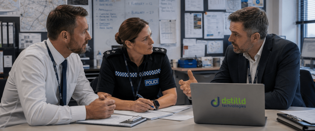 Police officers and a technology consultant discussing policing transformation in an investigations office