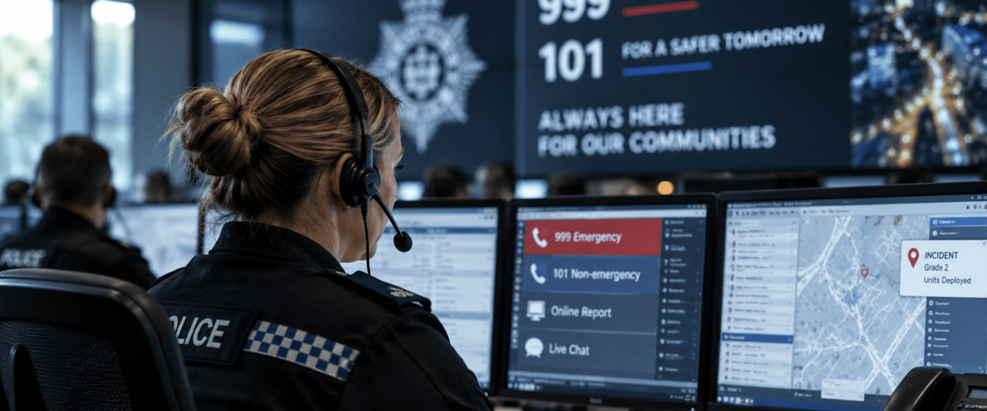 Police contact handler managing 999, 101 and digital public contact in a modern control room